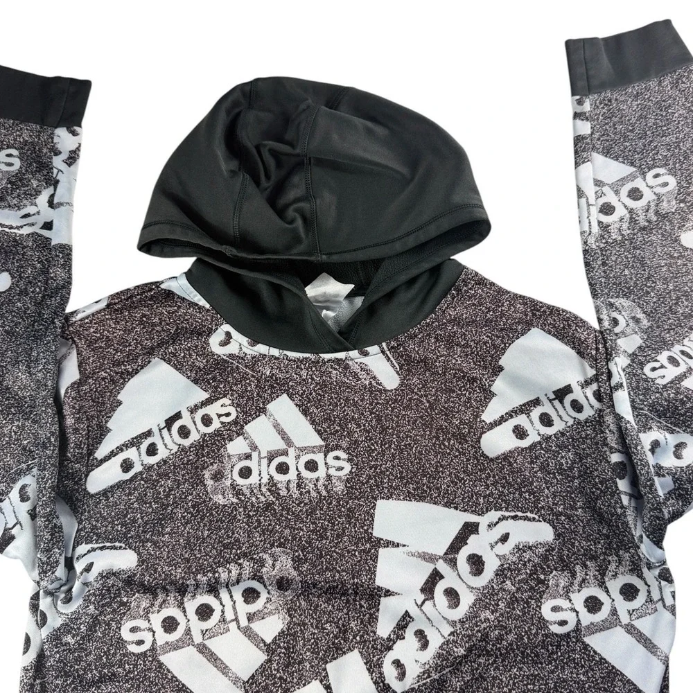 Adidas Boys Large 14/16 Pullover Hoodie Black White All Over Logo Print Sporty